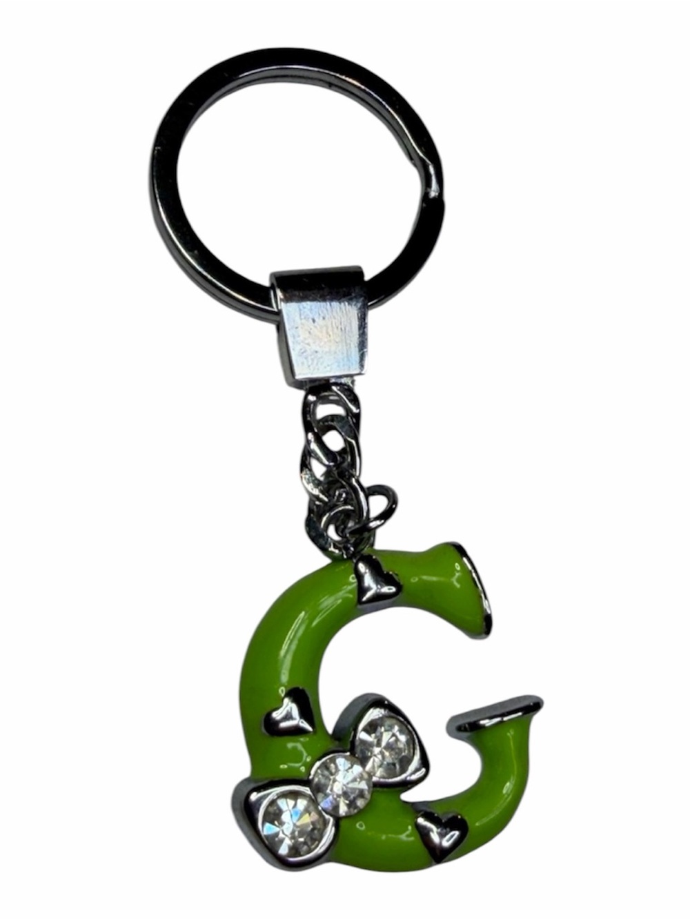 Green Enamel 'G' Keychain with Rhinestone Bow